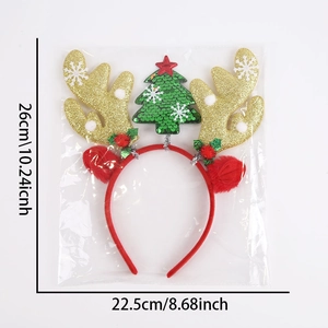 Christmas reindeer antler headband with green sequin tree and dimensions labeled on white