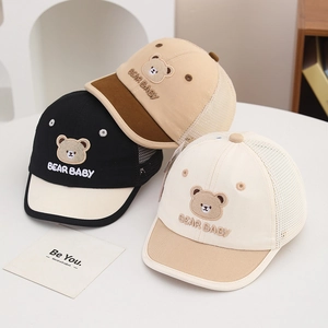 Kids Baseball Cap Mesh Breathable Bear Embroidery Sun Protection Patchwork Adjustable Hat For Toddlers Boys Girls