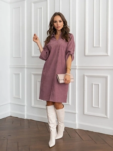 Dusty rose corduroy midi shirt dress with lapel collar and buttoned sleeves for women