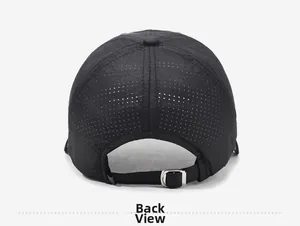 Detail of breathable mesh baseball cap back view with adjustable metal buckle closure