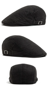 Three-way view of black washed cotton flat cap with adjustable silver metal buckle detail