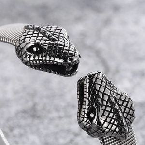 Vintage silver punk double snake head open bangle bracelet in durable titanium steel
