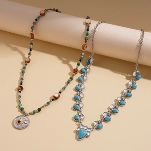 Bohemian stainless steel necklaces with celestial sun moon charms and turquoise stones