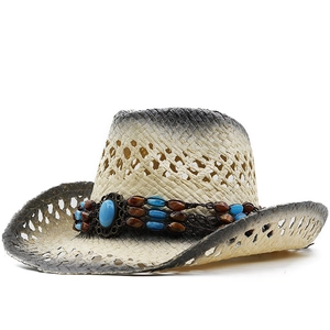 Western Cowboy Hut Handgewebter Strohhut Atmungsaktiv Hohl Breitkrempig Sonnenschutz Böhmisch Türkis Perlenband Vintage Outdoor