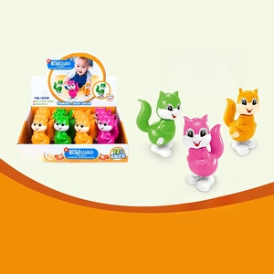 Détail de jouets écureuils à remonter avec fonction saut et têtes rotatives en boîte