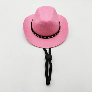 Pink felt mini cowboy hat for pets with star band and adjustable drawstring detail