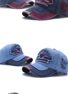 Detail of vintage washed denim baseball cap with New York embroidery and frayed edges