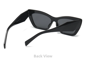 Detailed back view of wide temple cat-eye sunglasses with printed model size details