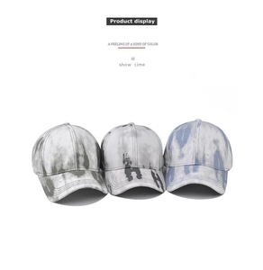Trois casquettes de baseball en coton tie-dye en dégradés de gris, noir et bleu-blanc