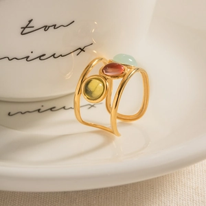 Vintage French style triple natural stone ring with gold plated stainless steel band