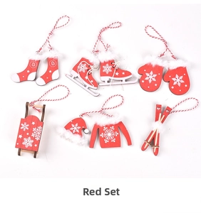 Detailed view of red wooden Christmas ornaments set including skates and sleighs