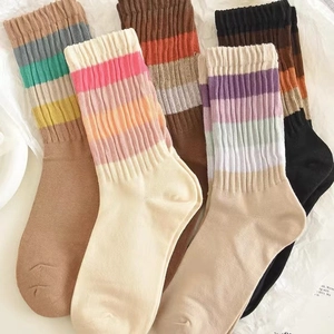 Detailed close-up of ribbed cuffs and colorful striped patterns on cotton crew socks