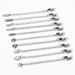 Set of 10 silver stainless steel necklace extender chains with lobster clasps for DIY jewelry