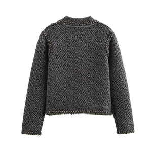 Chic grey herringbone knit cardigan with woven trim detailing, back view on white background