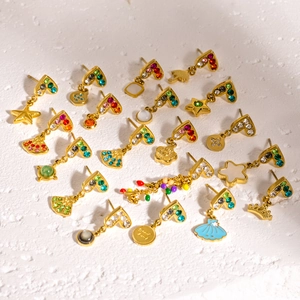 Chic gold stud earring set with colorful rhinestones and enamel heart star shapes