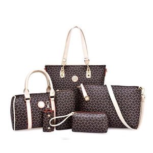 6-piece brown patterned women handbag set with tote, crossbody bag and wallet on white background