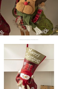 Detailed view of reindeer and snowman Christmas stockings with 3D dolls and snowflake patterns