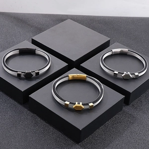 Mens titanium steel woven leather bracelets with hexagon clasps in black gold and silver