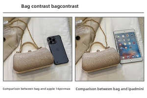 Size comparison of champagne gold clutch bag with iPhone 14 Pro Max and iPad mini