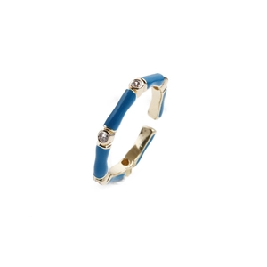 Adjustable bamboo-style golden ring with blue enamel sections and clear zircon stones
