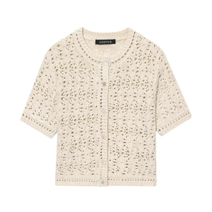Detail of beige crochet knit cardigan featuring floral cutout patterns and small round buttons