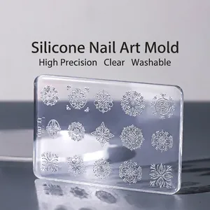 Transparent 3D silicone nail art mold with floral and snowflake patterns for DIY carving