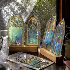 Gothic glazed window holographic PET stickers with vintage wooden display stand