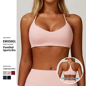 Women Brushed Nylon Spandex Sports Bra V-Neck Y-Back Workout Yoga Bra Top With Removable Pads Moisture Wicking Fitness Bra