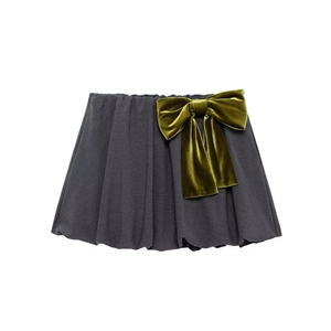 Jupe Courte Bulle Douce Pour Femmes Gris Avec Grand Nœud En Velours Vert Olive Taille Élastique Plissé Ligne A Rétro Chic