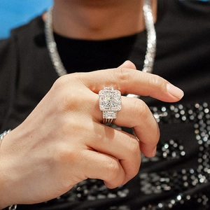 Luxurious hip hop men's ring with large square zircon and micro-paved small diamonds