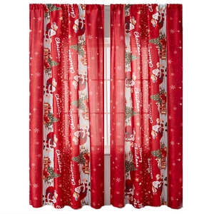 Christmas window curtains featuring Santa Claus and tree print on a vibrant red backdrop