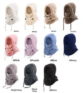 Collage of thick plush balaclavas in eleven colors with adjustable drawstrings for winter