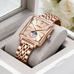 Elegant rose gold square watch for women featuring moon phase dial and diamond accents