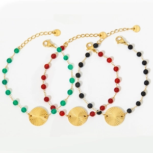 Exotic stainless steel beaded bracelet set with natural agate and radial pattern charms