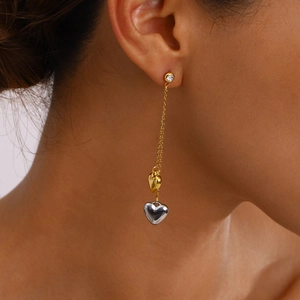 Two-tone heart tassel earrings with white zircon in 18k gold and stainless steel