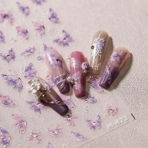 3D embossed purple butterfly nail stickers with gold texture and floral relief, model M-473