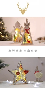 Detail showing lighted wooden Christmas ornaments with reindeer and snowflake patterns