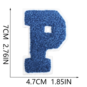 Close-up of blue chenille letter P patch with white border and 7cm height dimensions