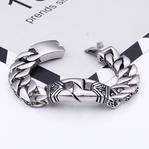 Vintage punk silver titanium steel Cuban bracelet with geometric tribal engraving