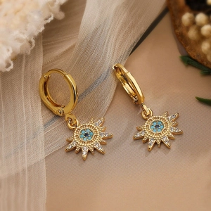 18K gold plated sunburst evil eye earrings with blue zircon and sparkling crystals