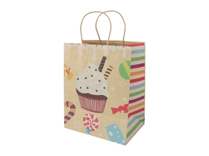 Detail of kraft paper gift bag with colorful cupcake patterns and woven rope handles