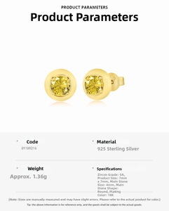Detailed view of S925 silver stud earring with yellow round 5A zircon and 18K gold plating