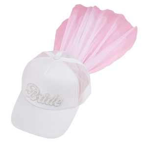 White baseball cap with mesh panels, Bride rhinestone detail and pink bridal veil