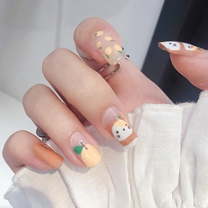 Fashionable summer press-on nails with cute cartoon fruit and animal patterns