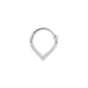 Close-up of S925 sterling silver V-shaped nose ring with sparkling cubic zirconia crystals