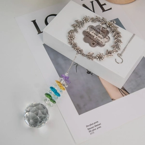 Rainbow crystal suncatcher with silver floral wreath and engraved thank you message