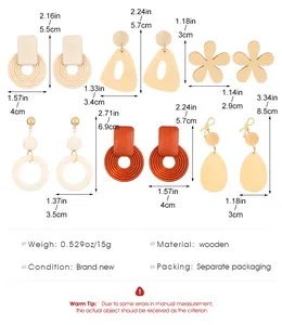 Size chart for geometric wooden earrings showing dimensions and boho floral designs