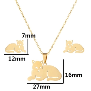 Golden stainless steel cat jewelry set featuring animal pendant necklace and stud earrings