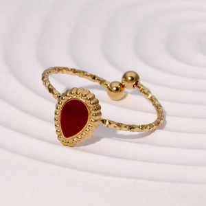 Vintage gold-plated stainless steel open ring with red water drop enamel and beaded edges