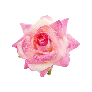 Detail of pink and white gradient fabric rose hair clip with realistic silk texture petals